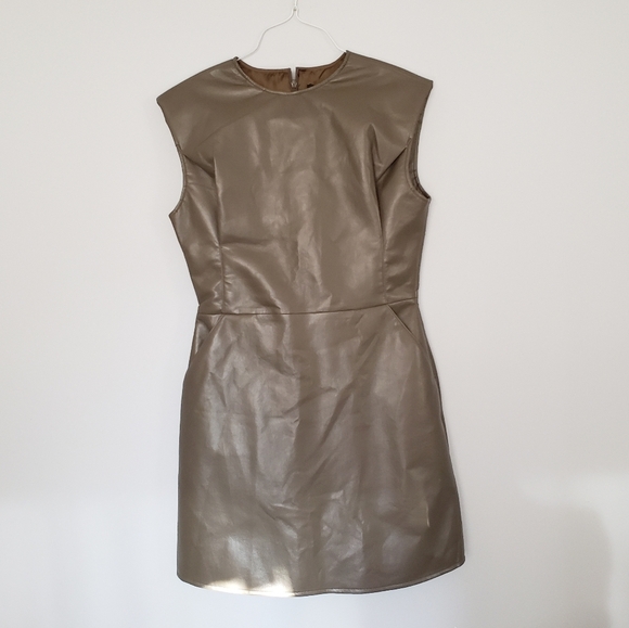AS BY DF Port Elizabeth Recycled Leather Strong Shoulder Dress Olive Sz Medium - Picture 2 of 6